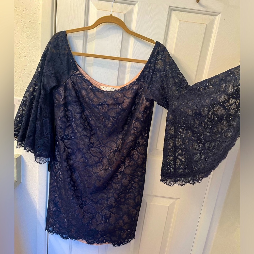 Trina Turk Akamai Lanai - off the shoulder blue lace overlayed beige slip